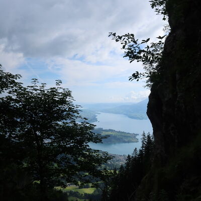 Blick von der Telepfadlücke auf Hergiswil, die Horwer Halbinsel und das Küssnachterbecken